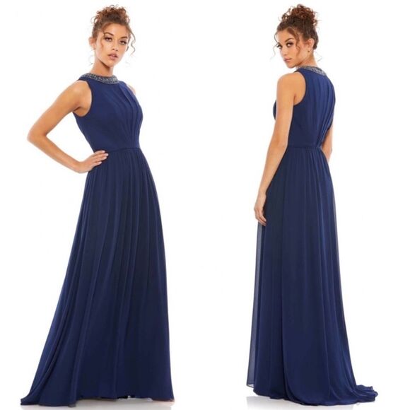 Mac Duggal 58045 BEJEWELED NECKLINE PLEATED CHIFFON GOWN NWT $398 - Picture 1 of 6